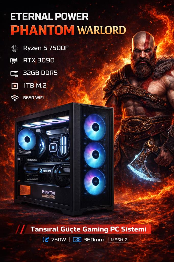 Eternal Power WARLORD Ryzen 5 7500F RTX 3090 32GB DDR5 1TB M.2 B650 WIFI 750W 360mm MESH 2 Gaming PC
