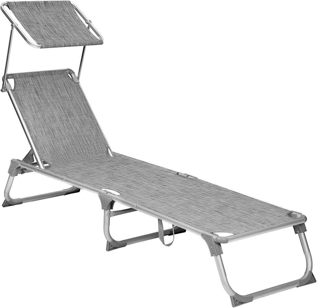 SONGMICS Ayarlanabilir ve Katlanabilir Gölgelikli Şezlong, 55x193x31 CM, Gri Kırçıllı, GCB19TG