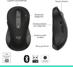 Logitech M650 Signature 910-006236 Siyah Sessiz Büyük Boy Sağ El Optik Kablosuz Mouse Teşhir
