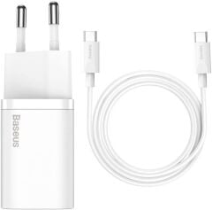 Baseus Super Si Power Delivery 25W USB-C & USB-C Kablo ve Hızlı Şarj Cihazı Seti, Beyaz