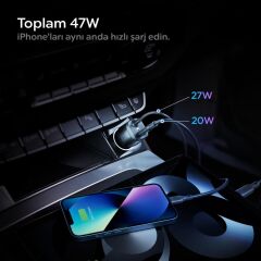 Spigen 47W USB-C 2 Port Araç içi Adaptör + Lightning Şarj Kablosu - Hızlı Şarj Aleti iPhone & iPad Type-C PC2100 - ACP04205- OUTLET