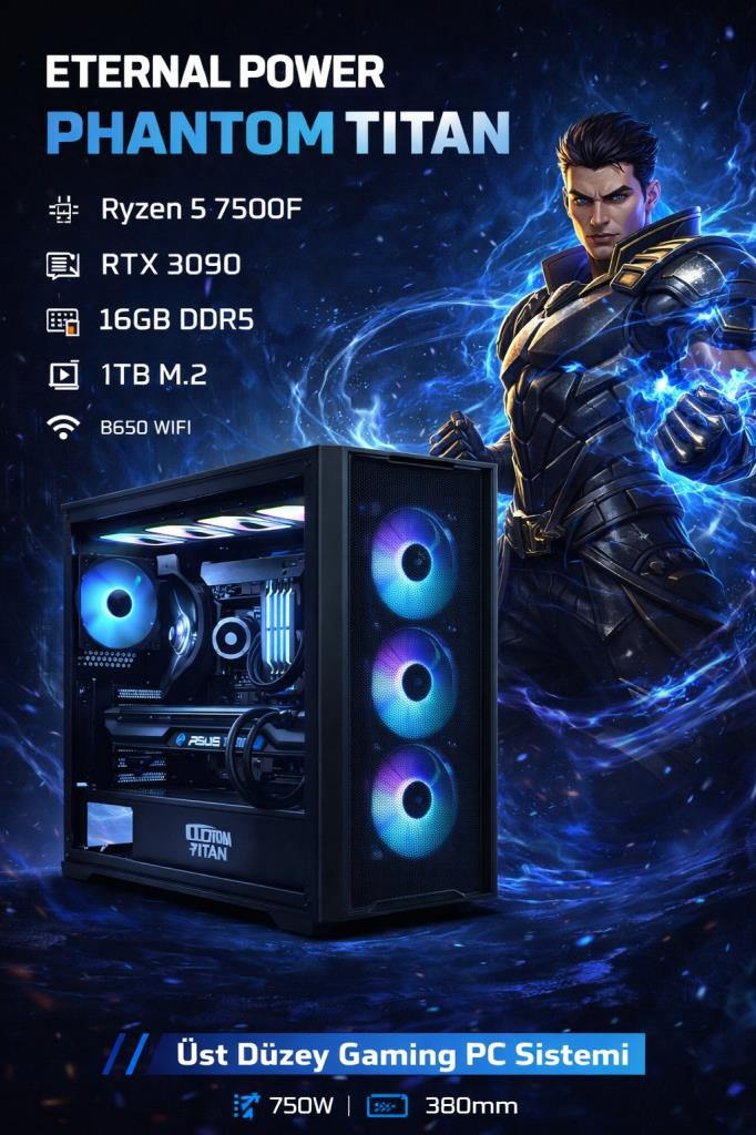 Eternal Power PHANTOM TITAN Ryzen 5 7500F RTX 3090 16GB DDR5 1TB M.2 B650 WIFI 750W 360mm Gaming PC