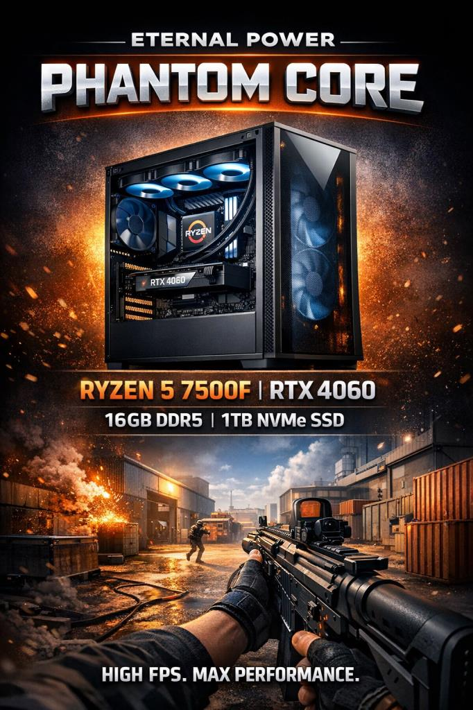 Eternal Power PHANTOM CORE Ryzen 5 7500F RTX 4060 16GB DDR5 1TB M.2 B650M WIFI 650W 360mm Gaming PC