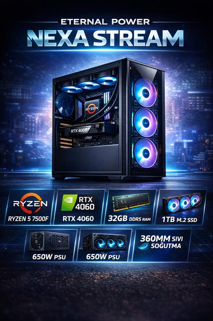 Eternal Power NEXA STREAM Ryzen 5 7500F RTX 4060 32GB DDR5 1TB M.2 B650M WIFI 650W 360mm Gaming PC
