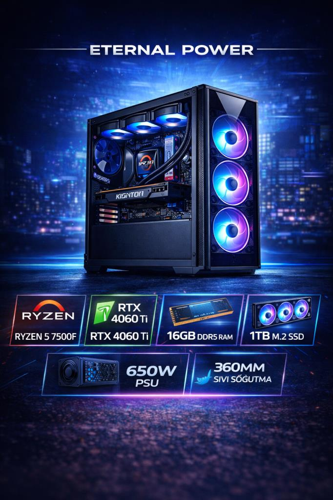 Eternal Power IGNITE Ryzen 5 7500F RTX 4060 Ti 16GB DDR5 1TB M.2 B650M WIFI 650W 360mm Gaming PC
