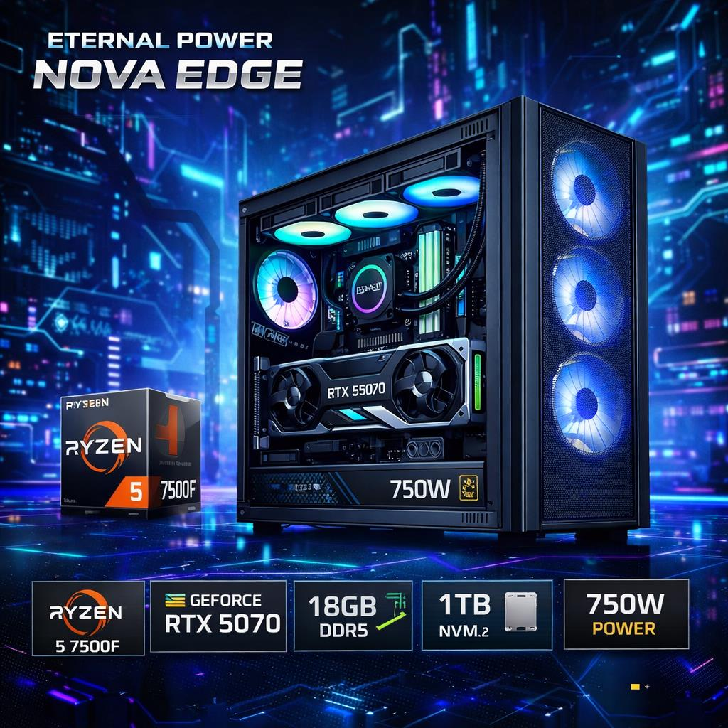 Eternal Power NOVA EDGE Ryzen 5 7500F RTX 5070 16GB DDR5 1TB M.2 B650M WIFI 750W 360mm Gaming PC