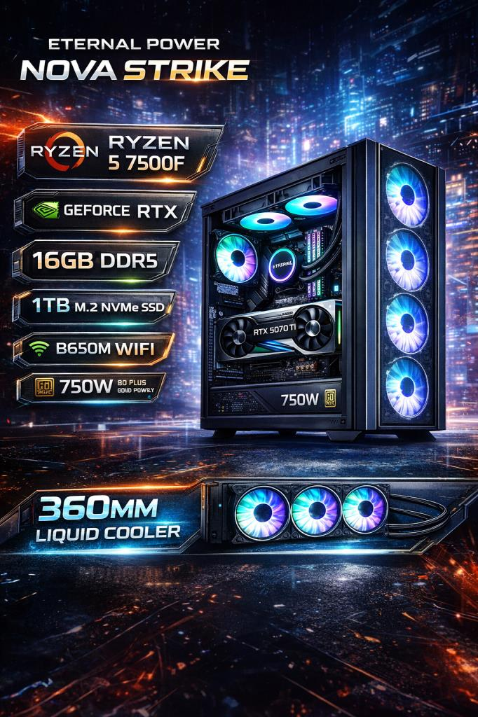 Eternal Power NOVA STRIKE Ryzen 5 7500F RTX 5070 Ti 16GB DDR5 1TB M.2 B650M WIFI 750W 360mm Gaming PC