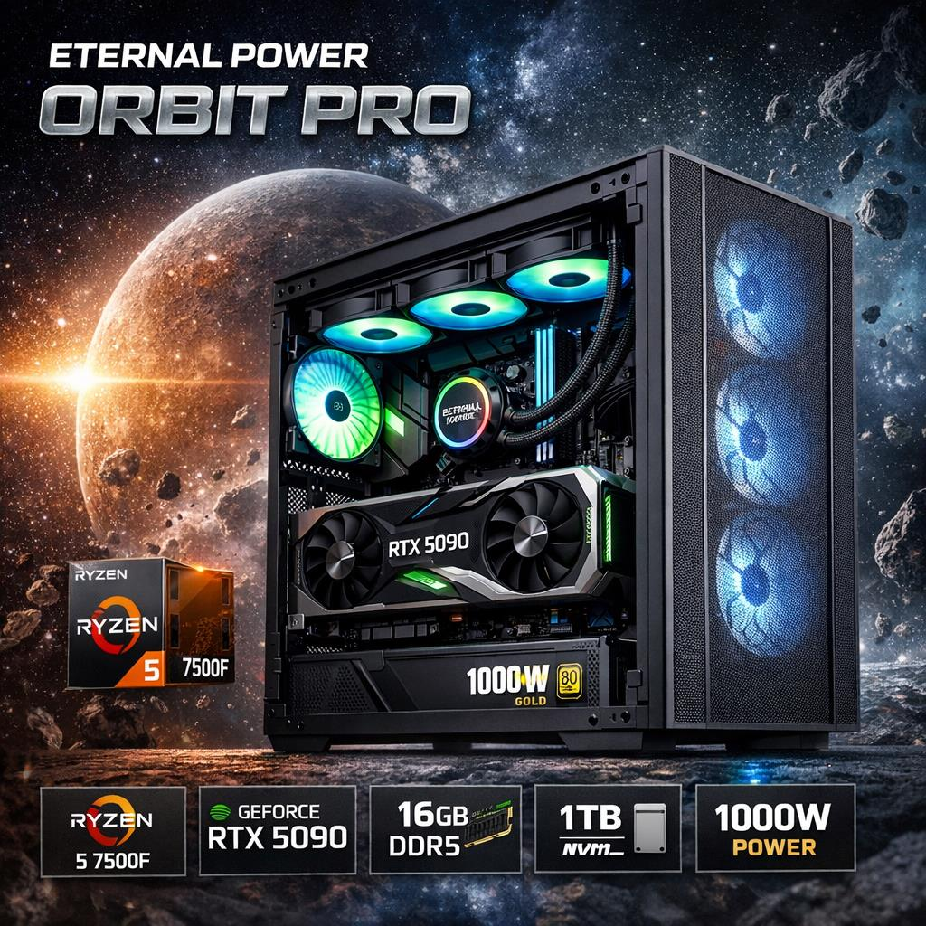 Eternal Power ORBIT PRO Ryzen 5 7500F RTX 5090 16GB DDR5 1TB M.2 B650M WIFI 1000W 360mm Gaming PC