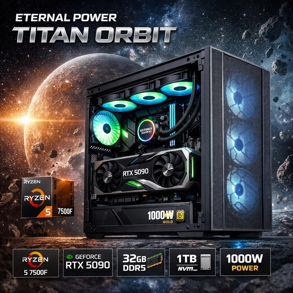 Eternal Power TITAN ORBIT Ryzen 5 7500F RTX 5090 32GB DDR5 1TB M.2 B650M WIFI 1000W 360mm Gaming PC